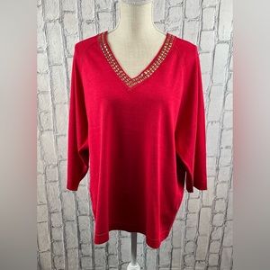 Zac& Rachel  Size:3X Women 3/4 Sleeve Knit Sweater Chili Pepper/Gold V-Neck